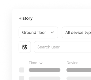 Access history interface with ground floor filter, device type dropdown, user search, and time/device columns