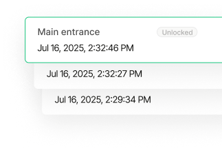 Live door monitoring timeline showing Main entrance unlocked status and recent activity timestamps