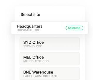 Site selection interface showing Headquarters (Brisbane CBD) as selected, with SYD Office, MEL Office, and BNE Warehouse options