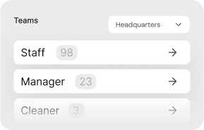 Teams management interface showing staff categories with user counts and access controls