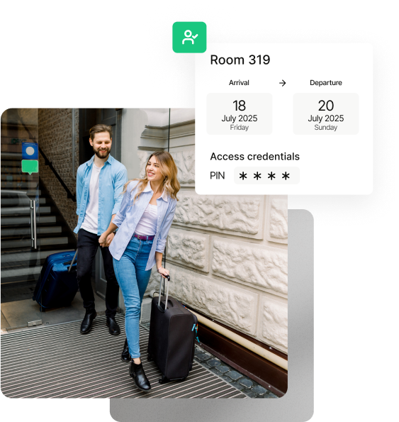 Couple with luggage using mobile room access showing Room 319 booking interface with PIN credentials