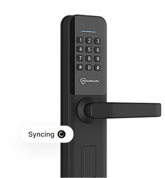 OpenLock smart hotel lock with keypad showing syncing capability