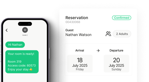 Mobile interface showing room ready notification and reservation details for Nathan Watson