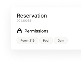 Reservation permissions interface showing access to Room 319, Pool, and Gym
