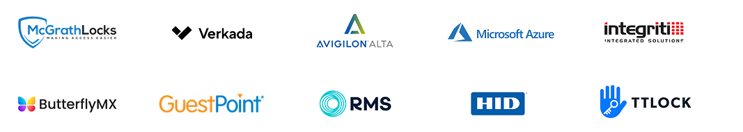 Trusted integration partners including McGrath Locks, Verkada, Avigilon Alta, Microsoft Azure, Integriti, ButterflyMX, GuestPoint, RMS, HID, and TTLOCK