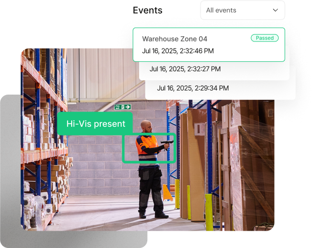 AI vision monitoring interface showing warehouse worker with Hi-Vis detection and events tracking panel