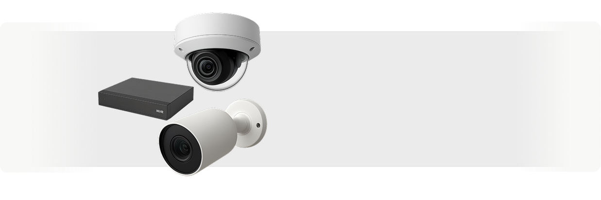 Professional security camera equipment including dome cameras, bullet cameras, and NVR system
