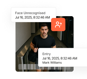 Face recognition interface showing unrecognised face alert and entry notification for Mark Williams at 8:32 AM