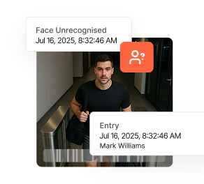 Face recognition interface showing unrecognised face alert and entry notification