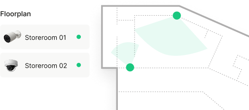 Floorplan interface showing camera positions for Storeroom 01 and Storeroom 02