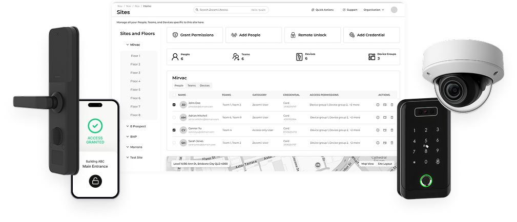 Zezamii Cloud comprehensive security management platform showing mobile access, desktop dashboard, digital locks, cameras, and keypads